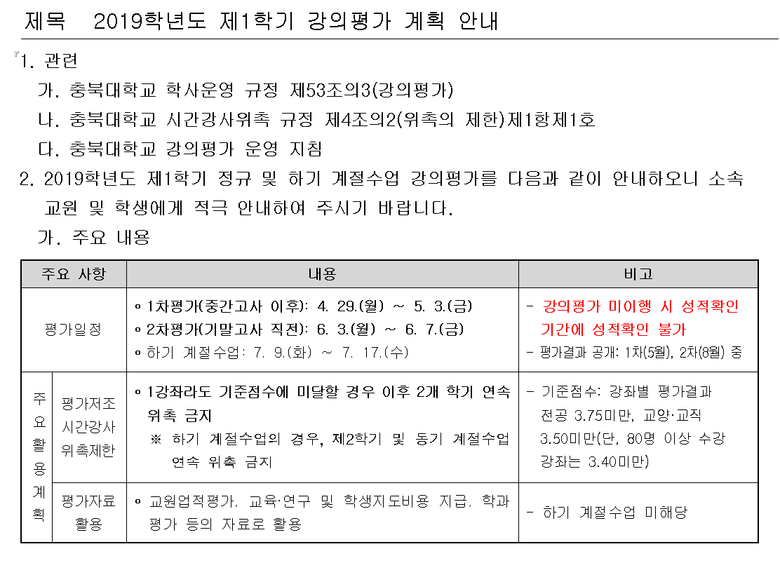 2019학년도 제1학기 강의평가 계획 안내  이미지