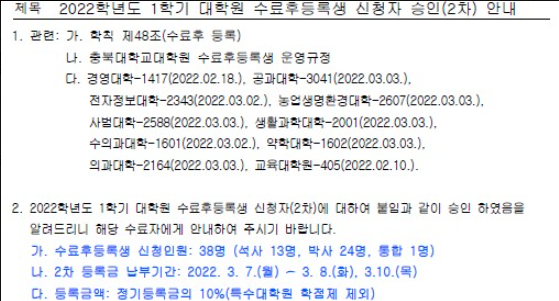 2022학년도 1학기 대학원 수료후등록생 신청자 명단(2차)  이미지